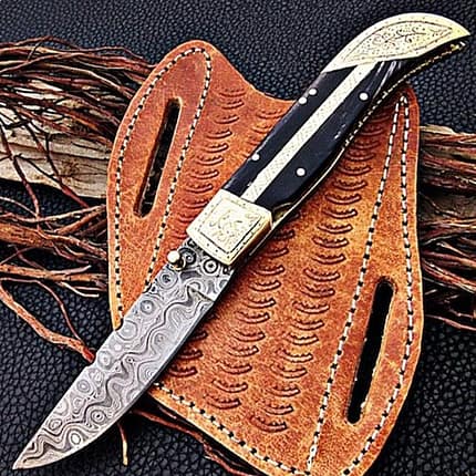 7 in Custom Damascus Folding Knife with Bull horn handle Engraved Bolster