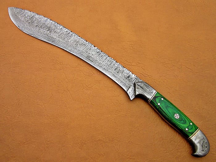 Damascus Kukrie Knife Handle Green Micarta Damascus Bolster 18 Inch