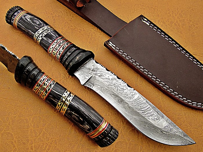Damascus Steel Blade Bowie With Black Sheet Handle Overall 12 Inch