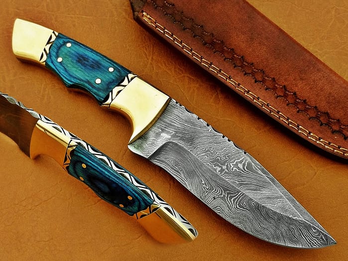 Damascus Steel Blade Skinner Knife With Blue Sheet Handle