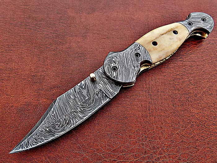 Damascus steel blade folding knife handle material camel Bone