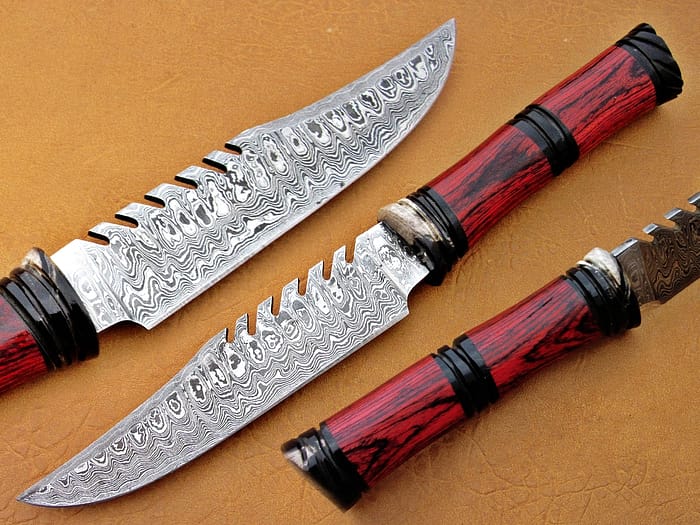 Damascus Steel Blade Hunting Knife Handle Red Sheet Buffalo Horn 9 Inch