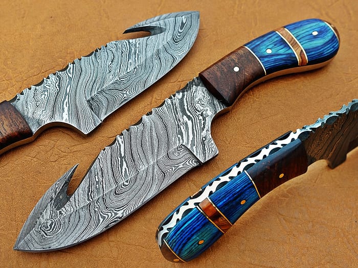 Damascus Steel Blade Skinner Knife With Blue Wood Handle