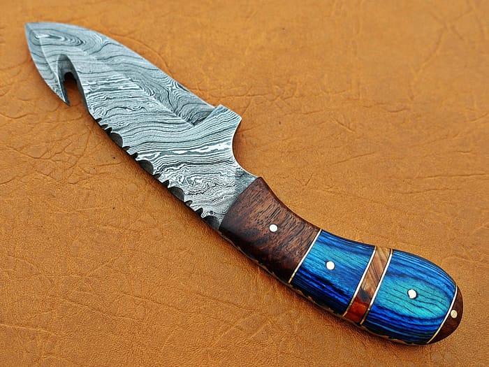 Damascus Steel Blade Skinner Knife With Blue Wood Handle