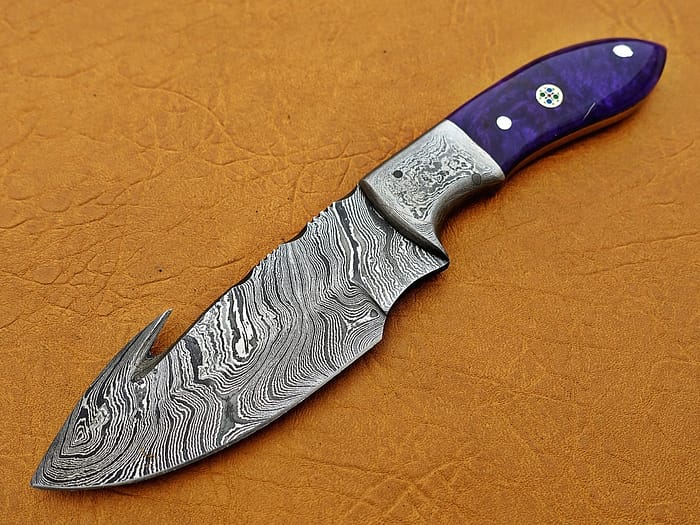 Damascus Steel Blade Skinner Knife With Purple Bone Handle