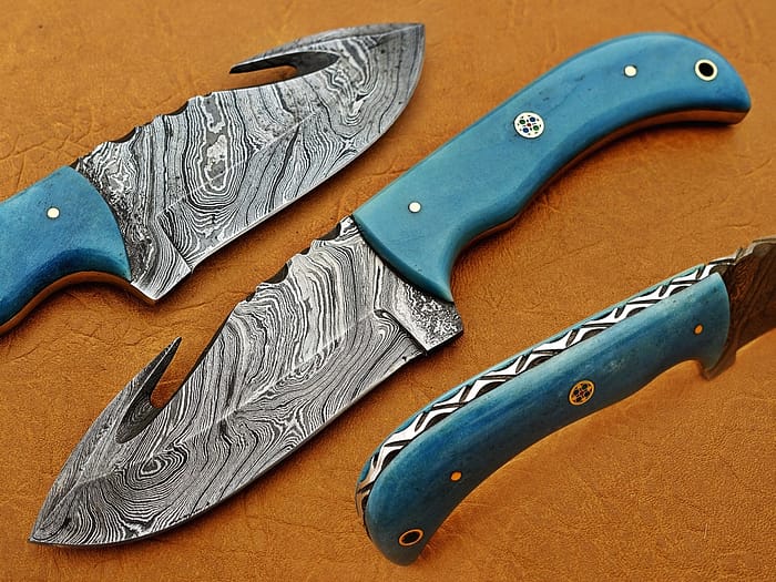 Damascus Steel Blade Skinner Knife With Blue Color Bone Handle