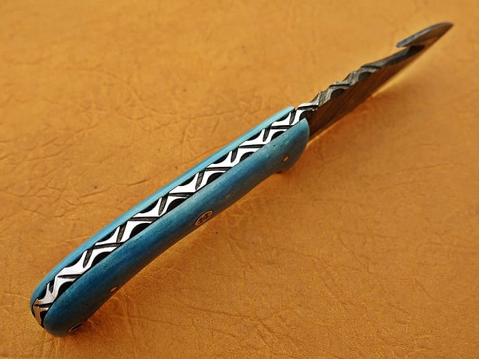 Damascus Steel Blade Skinner Knife With Blue Color Bone Handle