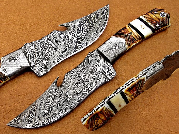 Damascus Steel Blade Bowie Knife Handle Burn Bone Overall 9 Inch