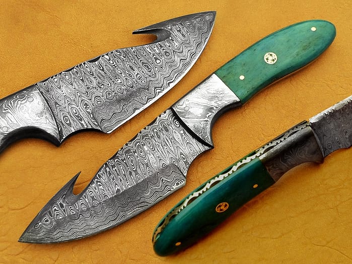 Damascus Steel Blade Skinner Knife With Green Bone Handle 8 Inch