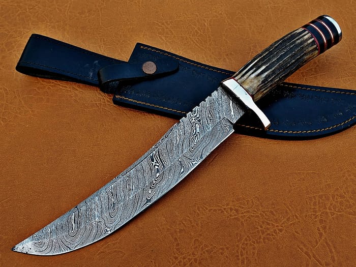Damascus Steel Blade Bowie Knife Deer Antler Overall 14 Inch