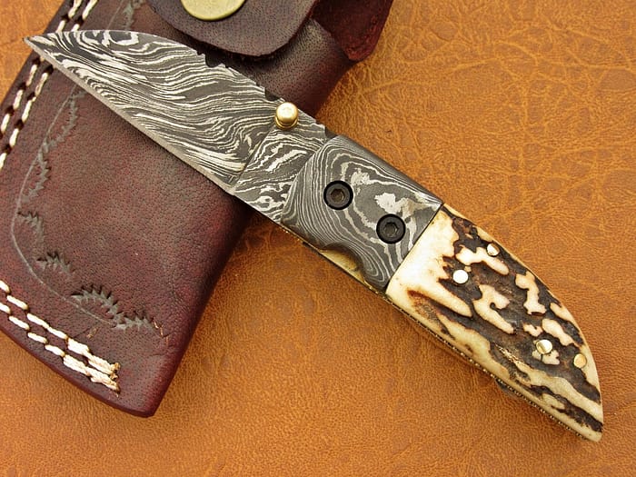 Damascus Folding Knife Deer Antler Handle