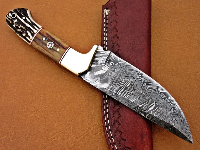 Damascus Steel Blade Skinner Knife With Blue Bone Wood Handle And Steel Bolster