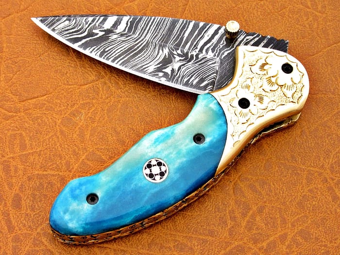 Damascus Steel Blade Folding Knife Blue Bone