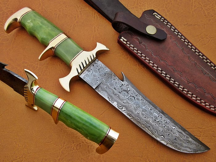 Damascus Steel Blade Bowie Knife Green Bone Overall 12 Inch