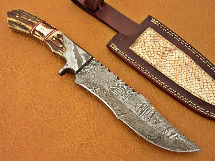 Damascus Steel Blade Bowie Knife Deer Antler 12 Inch