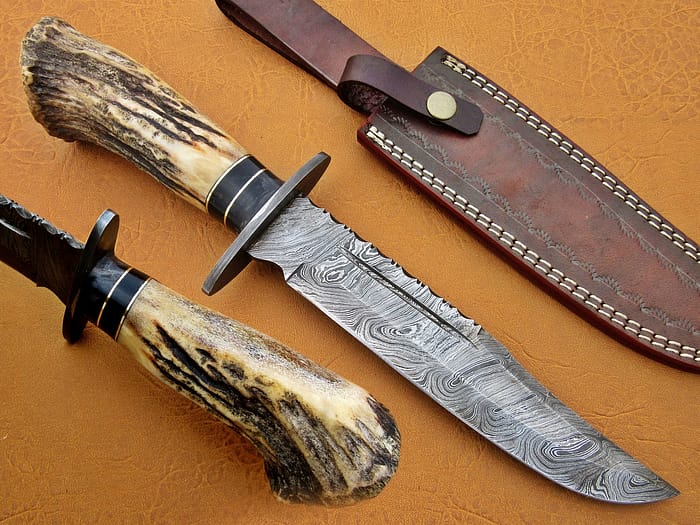 Damascus Steel Blade Bowie Knife Handle Deer Antler Boolster 12 Inch