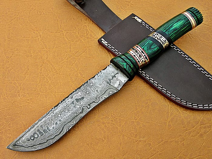 Damascus Steel Blade Bowie Knife Green Sheet Overall 12 Inch