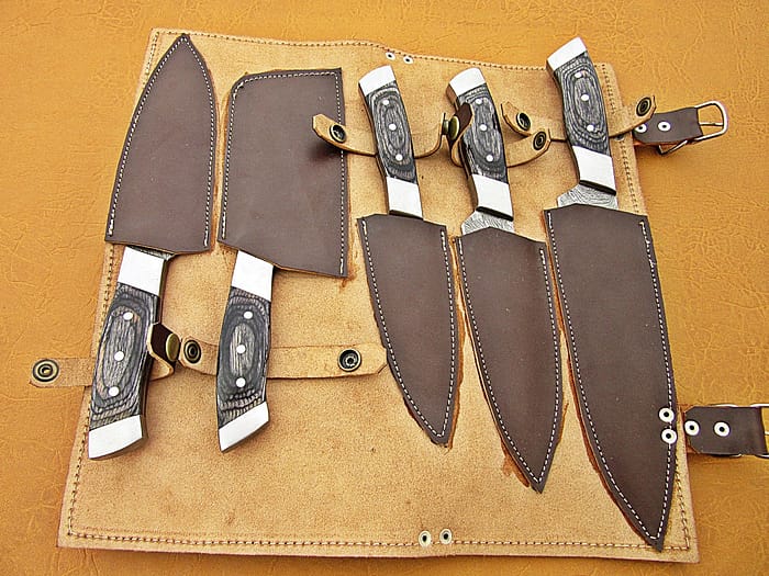 Damascus Steel Blade Chef Set Black Micarta Handle Steel Bolster 7-10 Inch