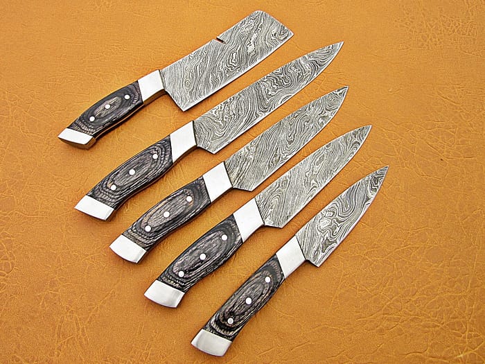 Damascus Steel Blade Chef Set Black Micarta Handle Steel Bolster 7-10 Inch