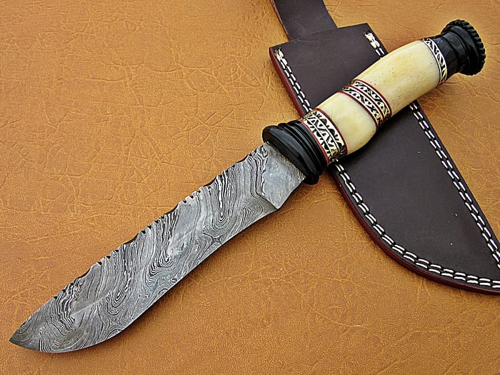 Damascus Steel Blade Bowie Handle Material Camel Bone Overall 12 Inch