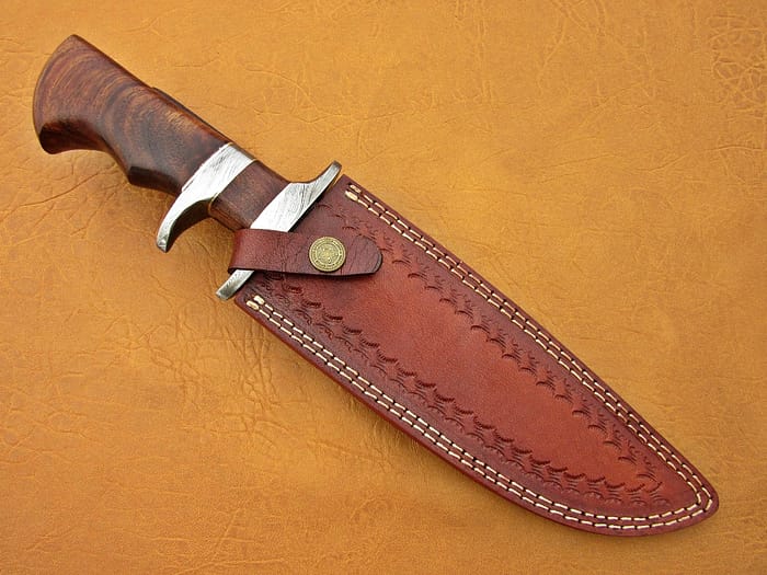 Damascus Steel Blade Bowie Handle Material Rose Wood 12 Inch