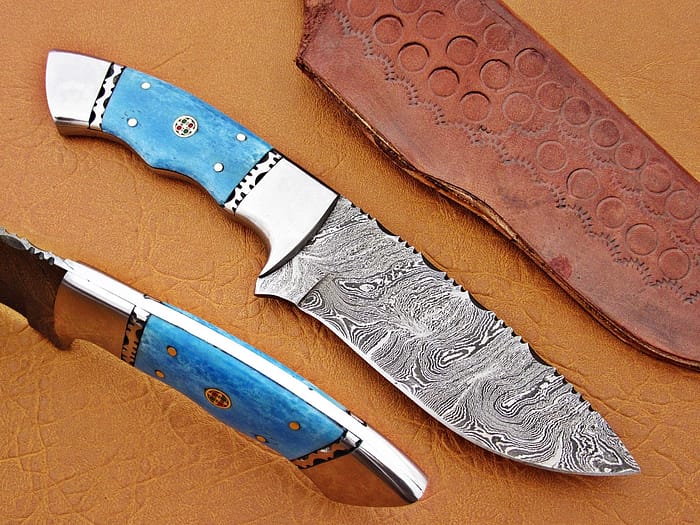 Damascus Steel Blade Hunting Knife Handle Blue Color Camel Bone 9 Inch