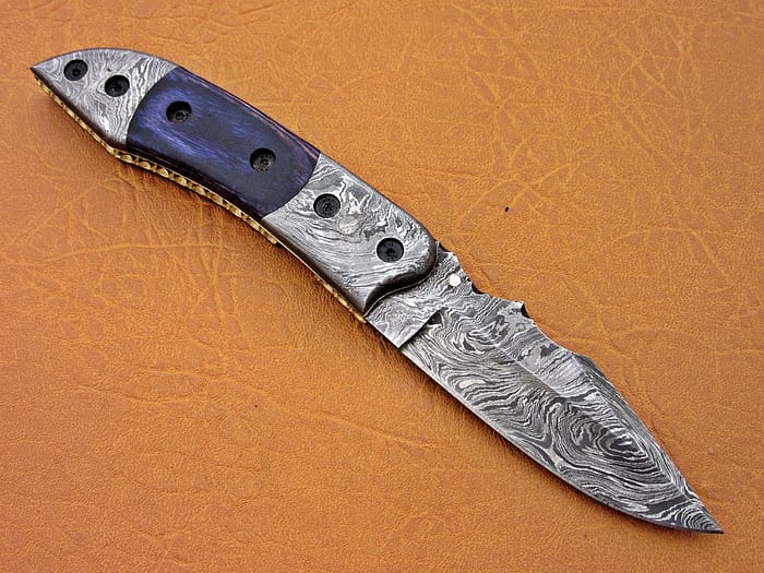 Damascus Folding Knife Blue Micarta