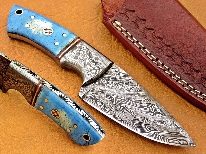 Damascus Steel Blade Skinner Knife With Blue Bone Handle
