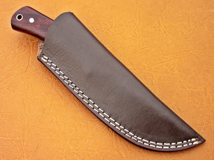 Damascus Steel Blade Skinner Knife With Walnut Wood Handle And Olive Wood Bolster