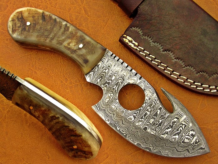 Damascus Steel Blade Skinner Knife With Ram Horn Handle 8 Inch