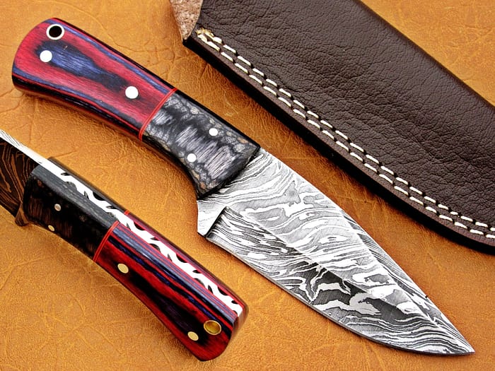 Damascus Steel Blade Skinner Knife With Red Sheet Handle