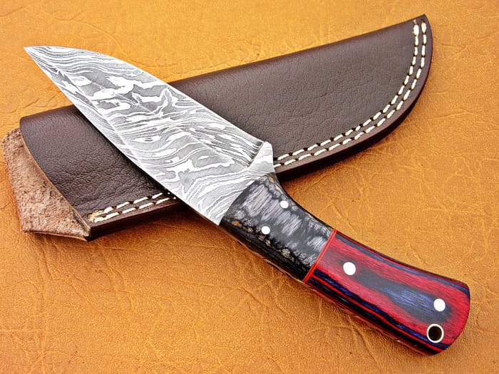 Damascus Steel Blade Skinner Knife With Red Sheet Handle