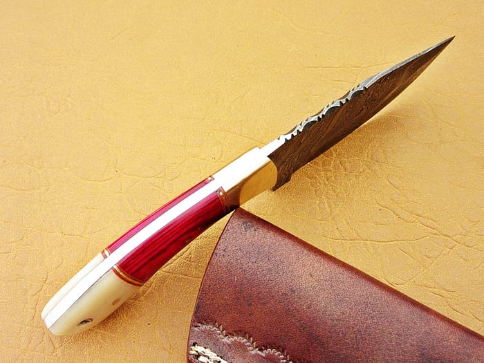 Damascus Steel Blade Skinner Knife With Red Color Camel Bone Handle