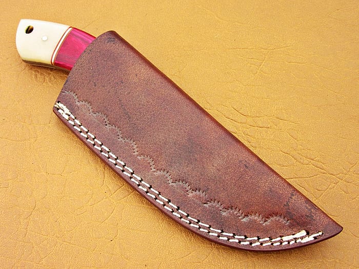 Damascus Steel Blade Skinner Knife With Red Color Camel Bone Handle