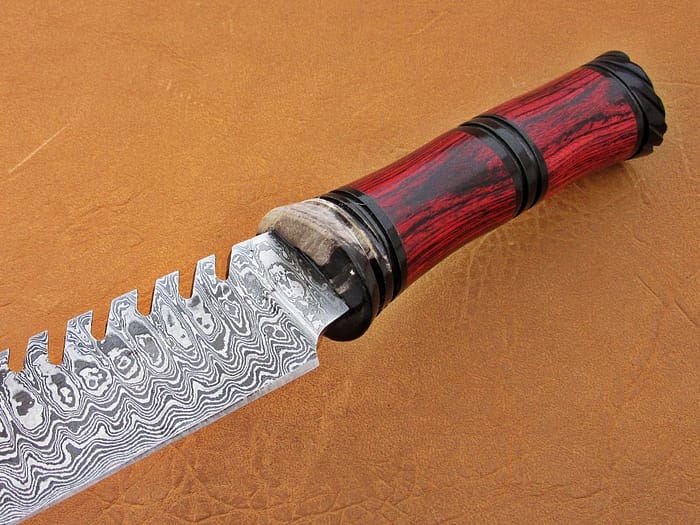 Damascus Steel Blade Hunting Knife Handle Red Sheet Buffalo Horn 9 Inch
