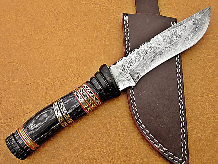 Damascus Steel Blade Bowie With Black Sheet Handle Overall 12 Inch