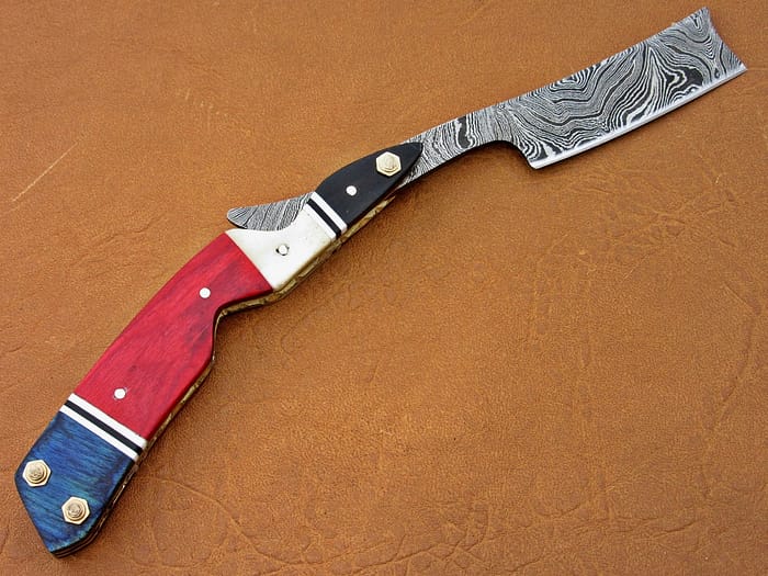 Damascus Blade Razor With Blue And Red Sheet Handle