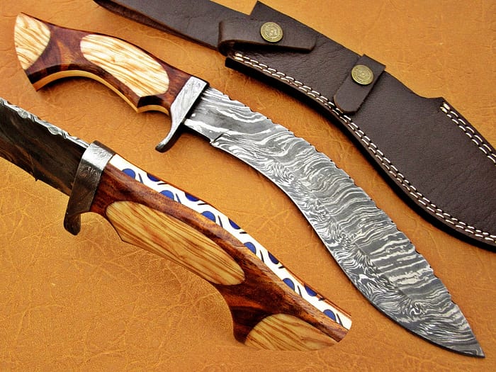 Damascus Steel Kukrie With Olive And Walnut Wood Brass Clip Handle