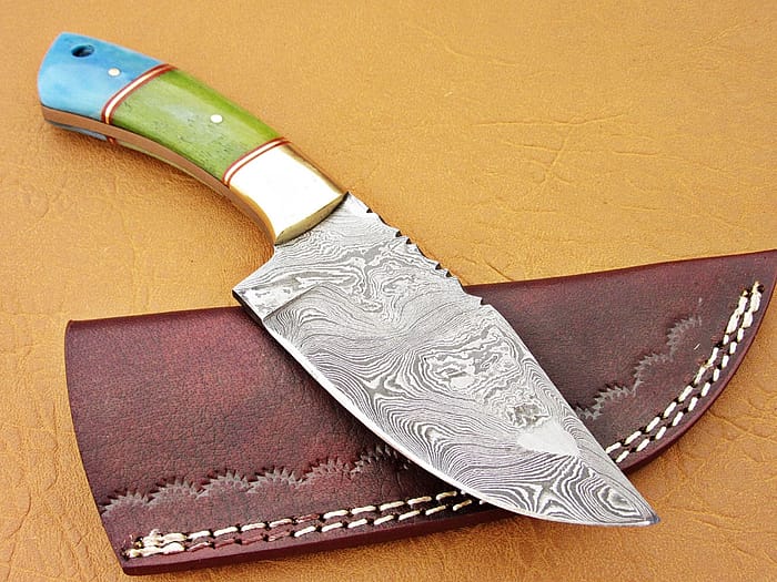 Damascus Steel Blade Skinner Knife With Green & Blue Color Bone Handle