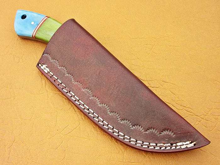 Damascus Steel Blade Skinner Knife With Green & Blue Color Bone Handle