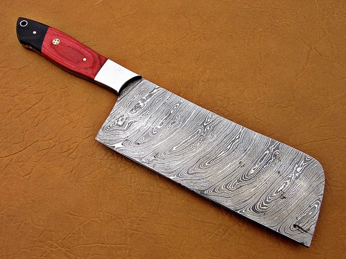 Damascus Steel Blade Meat Cleaver With Red Horn Steel Bolster Handle