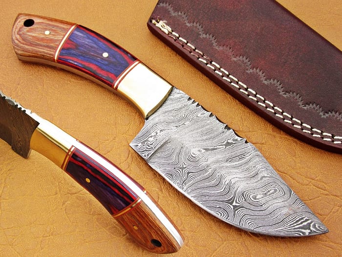 Damascus Steel Blade Skinner Knife With Micarta Sheet And Olive Wood Handle