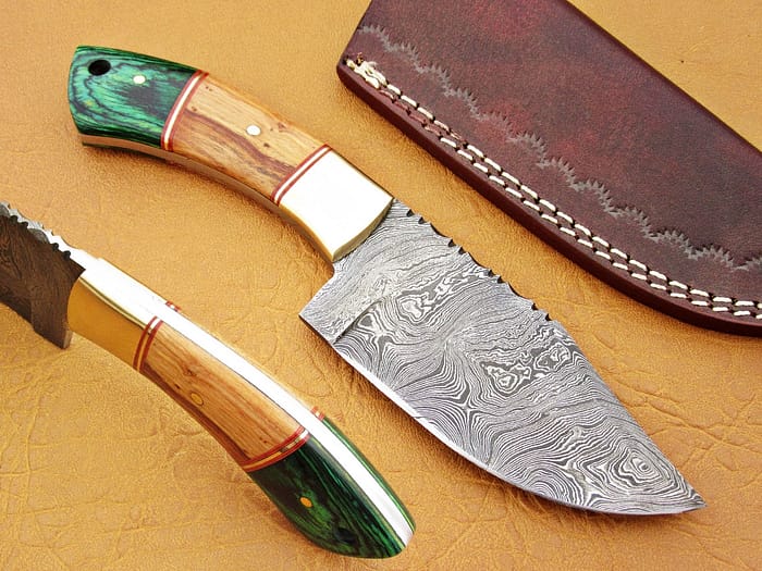 Damascus Steel Blade Skinner Knife With Olive Wood And Green Micarta Handle