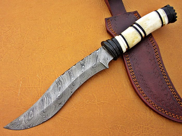 Damascus Steel Blade Bowie Knife Handle Camel Bone Overall 12 Inch