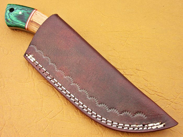 Damascus Steel Blade Skinner Knife With Olive Wood And Green Micarta Handle