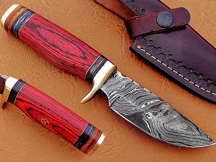 Damascus Steel Blade Hunting Knife Handle Red Micarta 9 Inch