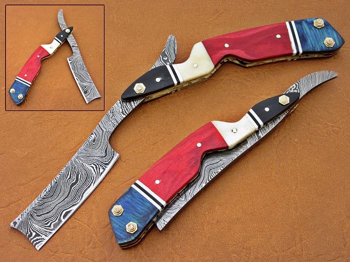 Damascus Blade Razor With Blue And Red Sheet Handle