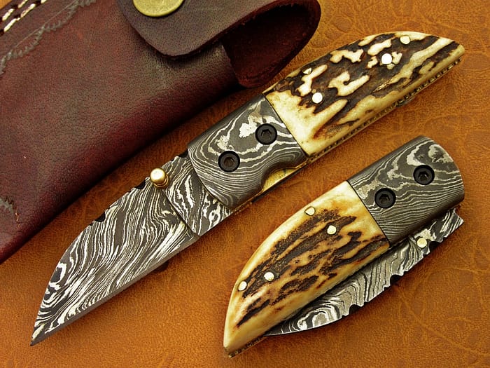 Damascus Folding Knife Deer Antler Handle