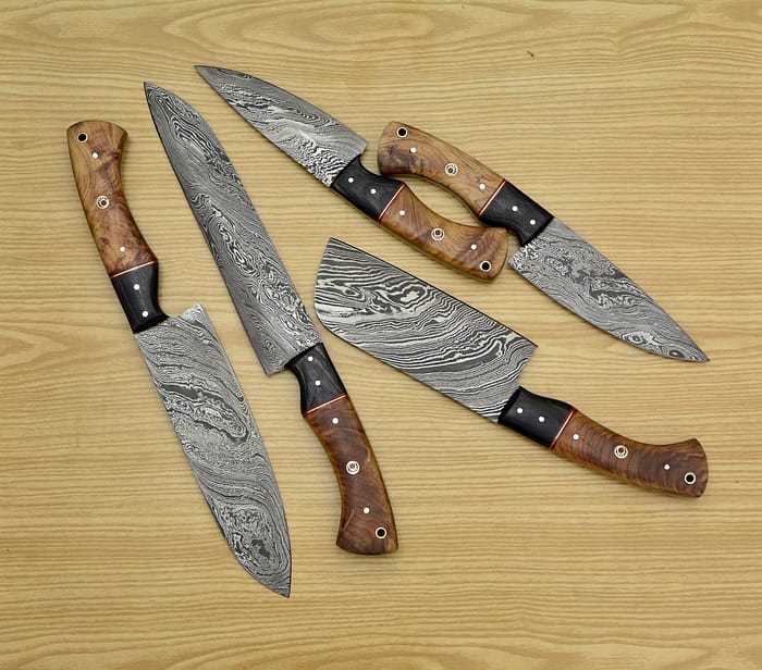 Custom Damascus chef knife set with Leather roll