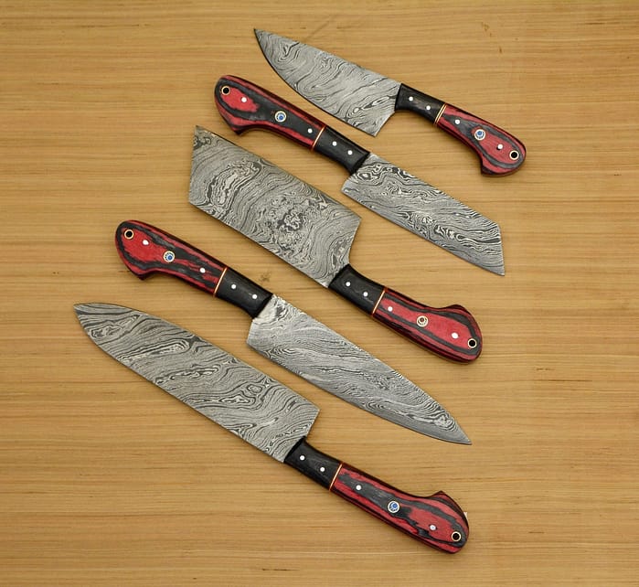 Custom Made Damascus Chef Knife Set With Leather Roll